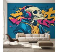 Générique Papier Peint Panoramique Graffiti Tête de Mort, Papier Peint Squelette Street Art Fond pour Chambre Wallpaper, Fresque Murale pour Salon Salle Deco Murale, 152x104cm D&O116