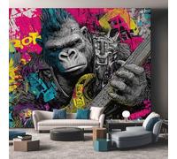 Générique Papier Peint Panoramique Guitare Chimpanzé, Papier Peint Art de Rue Graffiti Musique Fond pour Chambre Wallpaper, Fresque Murale pour Salon Salle Deco Murale, 350x256cm D&O21