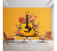 Générique Papier Peint Panoramique Guitare, Papier Peint Instrument de Musique Floral Fond pour Chambre Wallpaper, Fresque Murale pour Salon Salle Deco Murale, 450x315cm D&O59