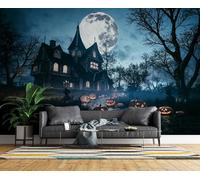 Générique Papier Peint Panoramique Halloween Intissé Poster Fresque Murale 3D Citrouille Château Décoration Murale Art Wallpaper pour Salon Cuisine Bureau Chambre d'enfant 400x280 cm R-270