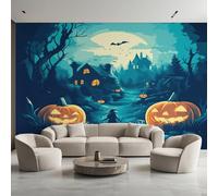 Générique Papier Peint Panoramique Halloween, Papier Peint Chauve-Souris Citrouille Lanterne Fantôme Fond pour Chambre Wallpaper, Fresque Murale pour Salon Salle Deco Murale, 200x140cm D&O48