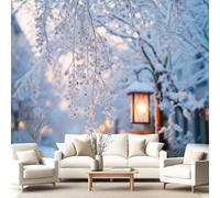 Générique Papier Peint Panoramique Hiver Neige 350 x 256 cm, Poster Géant Mural Papier Peint Intissé, Décoration Fresque Murale Salon Chambre à Coucher Chambre d'Enfants Arbre Lampadaire