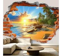 Générique Papier Peint Panoramique Île Coucher De Soleil 350 x 256 cm - Décoration Murale Plage Palmier Briques Rouges - Tapisserie Murales Papier Peint Intissé - Poster Tableaux Photo Muraux