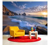 Générique Papier peint panoramique Île Coucher De Soleil Esthétique 150 x 105 cm - Revêtement mural décoration pour chambre salon cuisine - Design unique et moderne -Île Strates Rocheuses Vagues