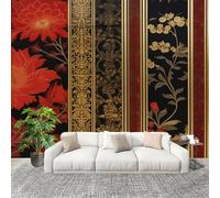 Générique Papier Peint Panoramique Intissé 250x175 cm RéTro Ethnique Floral Amovible Format Personnalisé Papier Peint Photo Rouge Murale Salon Chambre Chambre d'enfants Stickers muraux