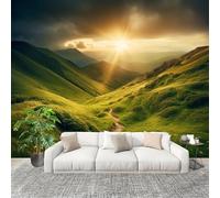 Générique Papier Peint Panoramique Intissé 350x256 cm SoleilNaturePaysages De Montagne Amovible Format Personnalisé Papier Peint Photo Vert Murale Salon Chambre Chambre d'enfants Stickers muraux
