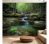 Générique Papier Peint Panoramique Intissé 3D Vert - Décoration Murale Cascade de forêt brumeuse nave pour Salon et Chambre, 180g/m² Extra Épais, Raccords Invisibles, 350 x 256(WxH)