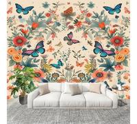 Générique Papier Peint Panoramique Intissé 400x280 cm BohèMe Fleurs Papillons ThèMe Amovible Format Personnalisé Papier Peint Photo Beige Murale Salon Chambre Chambre d'enfants Stickers muraux