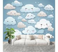 Générique Papier Peint Panoramique Intissé 400x280 cm Dessin Animé Mignon Nuages Amovible Format Personnalisé Papier Peint Photo Bleu Murale Salon Chambre Chambre d'enfants Stickers muraux