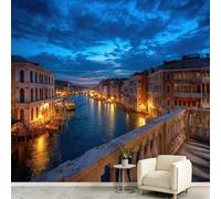 Générique Papier Peint Panoramique Intissé Européen Architecture 400 x 280 cm - Papier Peint Décoration Pour Salon et Chambre à Coucher - Effet 3D - Romantique Ville Eau Canal Croisière Vue Nuit