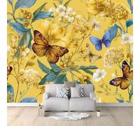 Générique Papier peint Panoramique intissé Papillons Fleurs Vintage Nature 250 x 175 cm, Tapisserie murale Photo Décoration Murale Salon Chambre à Coucher Maison Décoration Intérieure Jaune