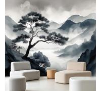 Générique Papier Peint Panoramique Intissé Pin Pin D'Accueil Montagnes Mer De Nuages 300 x 210 cm, Encre Paysage Poétique, Tableaux Muraux, Papier Peint Mural pour Salon, Chambre, Fond Décor TV