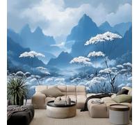 Générique Papier Peint Panoramique Intissé Style Chinois Montagnes Cent Fleurs, Bleu Clair Poster Photo Muraux Pour Cuisine Restaurant Salon Chambre D'Enfant Fond Tv Décoration Murale 400 x 280 cm