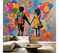 Générique Papier Peint Panoramique Intissé Style Graffiti 250 x 175 cm - Personnages En Silhouette Avec Ballons, Décoration Murale Salon Chambre - Facile d’entretien, résistante aux UV