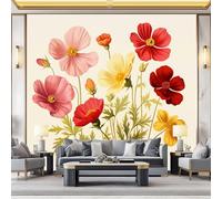 Générique Papier peint panoramique intissé Style Rétro - Cosmos Rose Et Jaune Papier peint 500 x 280 cm (W x H), fresque murale décorative pour salon et chambre