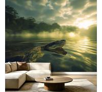 Générique Papier Peint Panoramique Intissé Surface Du Lac Python Lever De Soleil 150 x 105 cm, Animaux Forêt, Tableaux Muraux, Papier Peint Mural pour Salon, Chambre, Fond Décor TV