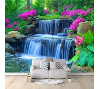 Générique Papier Peint Panoramique Intissé Tropical Jardin Cascade Fleurs Style Vacances 200 x 140 cm, Poster Géant Mural Effet 3D, Décoration Murale pour Salon Chambre - Vert