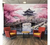 Générique Papier Peint Panoramique Japonais, Papier Peint Pont Oriental Asiatique Fleurs de Cerisier Fond pour Chambre wallpaper, Fresque Murale pour Salon Salle Deco Murale, 250x175cm D&O19