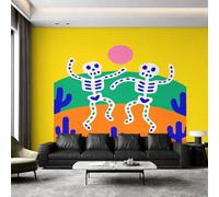 Générique Papier Peint Panoramique Jour des Morts, Papier Peint Squelette Dansant Fond pour Chambre Wallpaper, Fresque Murale pour Salon Salle Deco Murale, 366x254cm D&O198