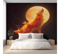 Générique Papier Peint Panoramique Loup Feu, Papier Peint Pleine Lune Loup Fond pour Chambre Wallpaper, Fresque Murale pour Salon Salle Deco Murale, 396x280cm D&O49