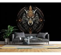 Générique Papier Peint Panoramique Loup Intissé Poster Fresque Murale 3D Mythologie Nordique Rétro Décoration Murale Art Wallpaper pour Salon Cuisine Bureau Chambre d'enfant 500x280 cm R-199