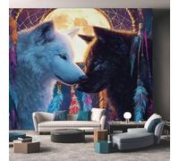 Générique Papier Peint Panoramique Loup - Papier Peint Loups Noir Blanc Attrape-rêves - Deco Chambre Salon - Fresque Murale - Wallpaper - 250x175 cm A-1928