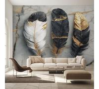 Générique Papier Peint Panoramique Marbre, Papier Peint Plume Noir et Or Fond pour Chambre Wallpaper, Fresque Murale pour Salon Salle Deco Murale, 100x70cm D&O119