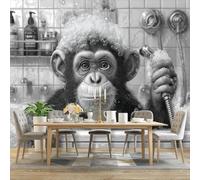 Générique Papier Peint Panoramique Mignon Animaux Chimpanzés Baignoire - 350 x 256 cm Poster Noir Blanc Mural 3D Papier Peint Intissé pour Salon Chambre Adulte Enfant Décor Décoration Murale