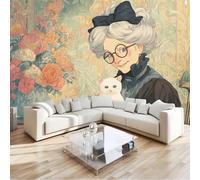 Générique Papier Peint panoramique Mignonne Vieille Dame Chat Mer De Fleurs 3D 300 x 210 cm, intissé XXL Moderne Décoration Murale Salon Chambre à Coucher Bureau Salle Enfants, Multicolore