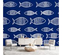 Générique Papier Peint Panoramique Minimaliste Océan Moderne Poster Mural, Poisson Bleu Marine Papier Peint Intissé Salon Chambre d'Enfant Chambre Canapé TV Fond Décoration - 450 x 315 cm