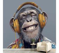 Générique Papier Peint Panoramique Moderne Humoristique 400 x 280 cm Poster Géant Mural Papier Peint Intissé - pour Salon, Chambre à Coucher ou Chambre d'Enfants - Animal Chimpanzé Mode Casque Audio