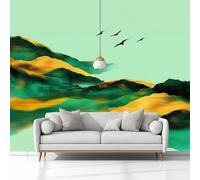 Générique Papier Peint Panoramique Moderne Montagnes Oiseaux Touches Dorées, Format XXL Murale Pour Fille Garçon Décoration Murale Chambre Enfant Vert 250 x 175 cm Non-tissé, Non auto-adhésif
