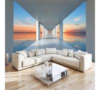 Générique Papier Peint Panoramique Moderne Pont Reflet Coucher De Soleil, Poster Géant Mural 300 x 210 cm, Intissé Décoration Murale pour Salon & Chambre d'Enfant, Bleu Marine (Non-adhésif)