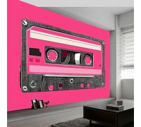 Générique Papier Peint Panoramique Musique Bande Magnétique Rose Et Noire 350(L) x 256(H) cm, Papier Peint intissé Rétro Tapisserie Poster Mural pour Salon Chambre Décoration Peinture Murale