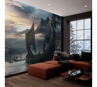 Générique Papier Peint Panoramique Mythologie Nordique Navires Vikings Gris, 3D Papier Peint Intissé 200x140 cm Photo Poster Grand Mural Pour Salon Chambre Enfant Chambre Décoration Murale