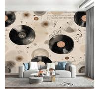 Générique Papier Peint Panoramique Nature Disque Vinyle de Musique Vintage Papier Peint Intissé Motif Partitions Beiges Photo Mural Chambre Enfant Décoration Cuisine Murale 200x140cm(L x H)