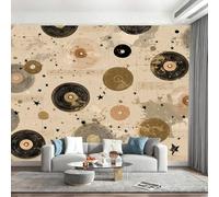 Générique Papier Peint Panoramique Nature Disque Vinyle Vintage Beige Papier Peint Intissé Motif Partitions Shabby Chic Photo Mural Chambre Enfant Décoration Cuisine Murale 350x256cm(L x H)