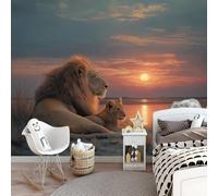 Générique Papier Peint Panoramique Nature Faune Sauvage Lac Lions, Format XXL Murale Pour Fille Garçon Décoration Murale Chambre Enfant Couleur Orange 350 x 256 cm Non-tissé, Non auto-adhésif