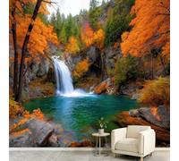 Générique Papier Peint Panoramique Nature Forêt Arbres Poster Mural, Cascade Érables Vallée Roches Papier Peint Intissé pour Salon Chambre d’Enfant et Bureau Canapé TV Fond Décoration 200 x 140 cm