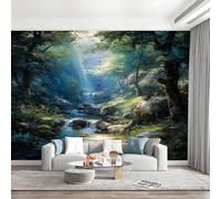 Générique Papier Peint Panoramique Nature Jungle Ensoleillée, Rivière Et Cascade Papier Peint Intissé Motif Paysages De Jungle Verdoyante Photo Mural Chambre Décoration Cuisine Murale 350x256cm