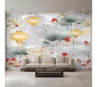 Générique Papier Peint Panoramique Nouveau Style Chinois, Papier Peint Lanterne Lotus Orientale 366 x 254 cm, Photo Décoration Murale, Papiers Peints Intissé Décoration Murale Salon Chambre EL&D38