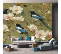 Générique Papier Peint Panoramique Oiseaux Floral Vert Olive - Papier Peint Magnolia Magpie - Deco Chambre Salon - Fresque Murale - Wallpaper - 150x105 cm A-2133