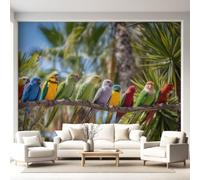 Générique Papier Peint Panoramique Oiseaux Tropical Botanique Paysage Poster Mural, Perroquets Palmiers Papier Peint Intissé Salon Chambre d'Enfant Chambre Canapé TV Fond Décoration - 450 x 315 cm