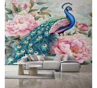 Générique Papier Peint Panoramique Paon, Papier Peint Chinoise Fleur Rose Fond pour Chambre Wallpaper, Fresque Murale pour Salon Salle Deco Murale, 152x104cm D&O41