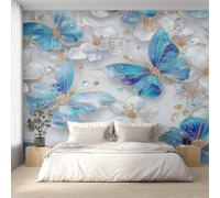 Générique Papier Peint Panoramique Papillon Bleu, Papier Peint Fleur Diamant Papillon 310 x 250 cm, Photo Décoration Murale, Papiers Peints Intissé Décoration Murale Salon Chambre EL&D62