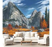 Générique Papier peint panoramique paysage 300 x 210 cm Roche Grise Forêt Conifères Ruisseau Panoramique 3D Monumental Réaliste Rétro Naturel Sauvage Papier Peint Pour Salon Chambre Décoration Murale