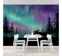 Générique Papier Peint Panoramique Paysage D'Aurore Boréale Dans La Jungle (Vert) Poster Geant Mural Papier Peint Pour Salon Chambre D'Enfant Décoration Murale, Animaux Cerfs Murales 365x254cm(L x H)