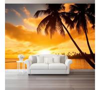 Générique Papier Peint Panoramique Paysage de Photographie Plages Tropicales Coucher Soleil, Intissé Or pour Salon Chambre Restaurant Couloir TV Fond Décor Mural - 350 x 256 cm（WxH