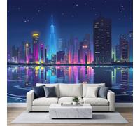 Générique Papier Peint Panoramique Paysage Horizon 300 x 210 cm | Murales Papier Peint Intissé Néon Science-Fiction Paysage Nocturne Ville, Grand Poster Décoration Muraln pour chambre salon