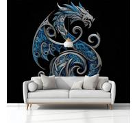 Générique Papier Peint Panoramique Peinture Murale Art Viking Tatouage De Dragon Noir 3D Effet Intissé Grand Tapisserie Papier Peint Mural 400x280 cm pour Salon Chambre D'enfants Restaurant